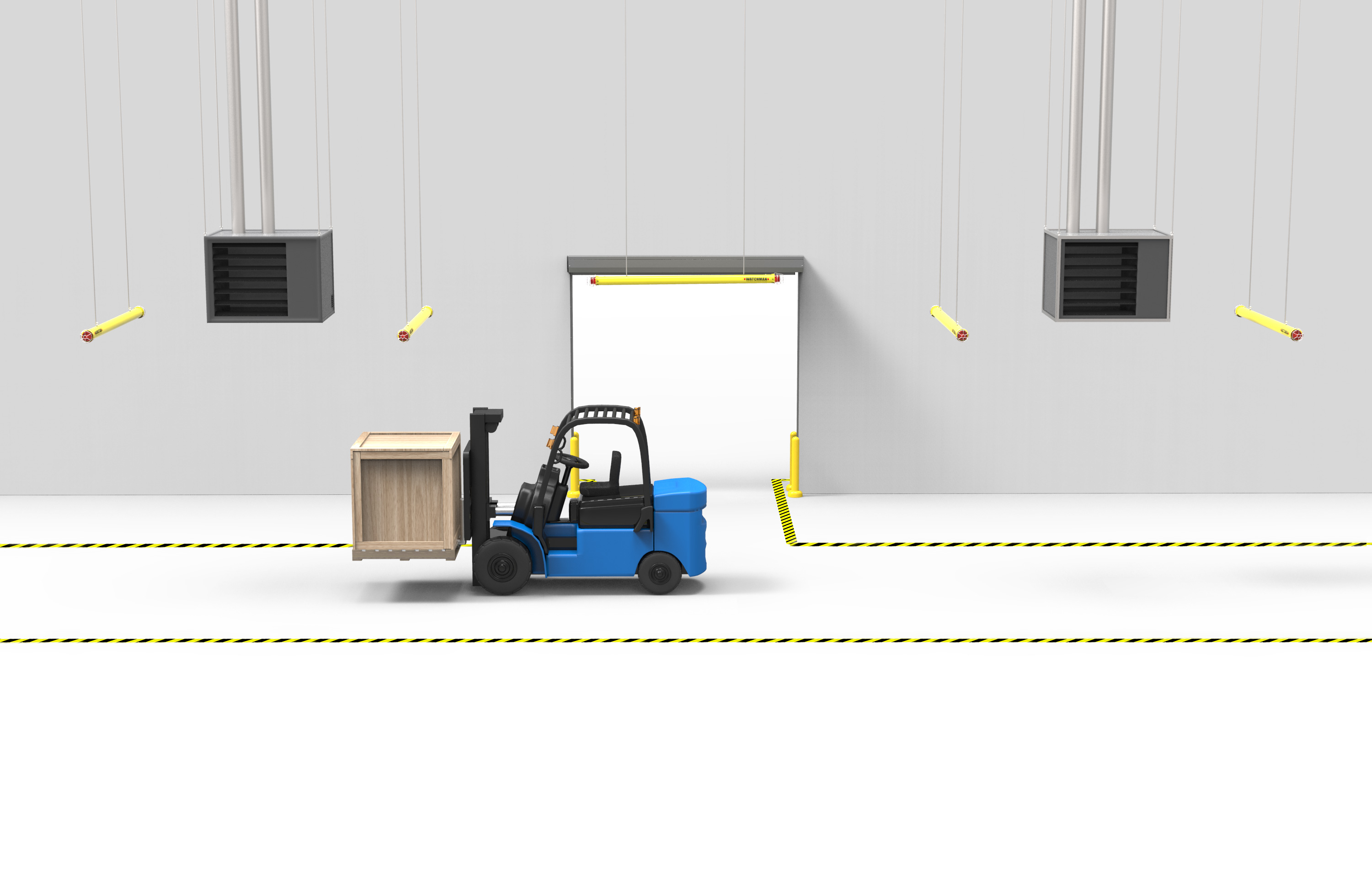 Forklift collision avoidance for hanging heaters and ducting